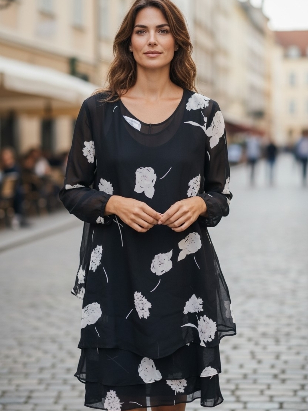 Jones New York Black Dress with Cream Floral Pattern With 3 Layered Bottom